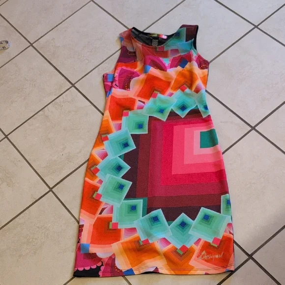 Desigual Shift Dress Geometric Pixel Knit Sheer Mesh Sleeveless Knee Length Blue - Picture 2 of 10